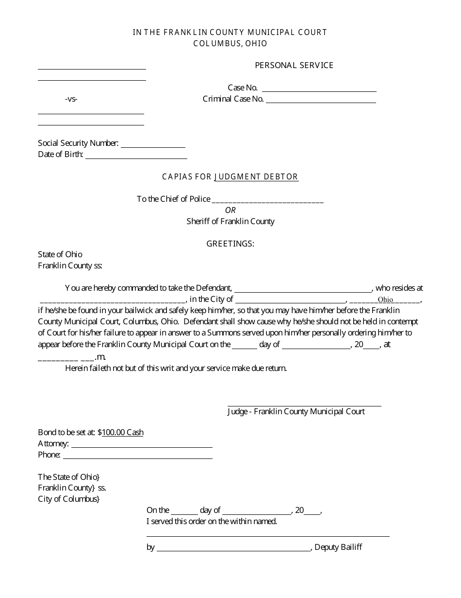 Franklin County Ohio Capias For Judgment Debtor Fill Out Sign