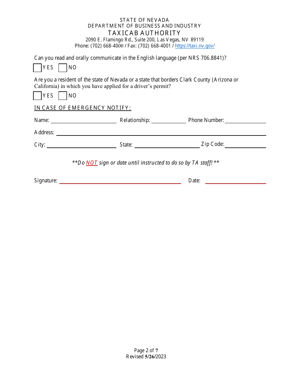 Nevada Application For Renewal Of Taxicab Driver Permit Fill Out