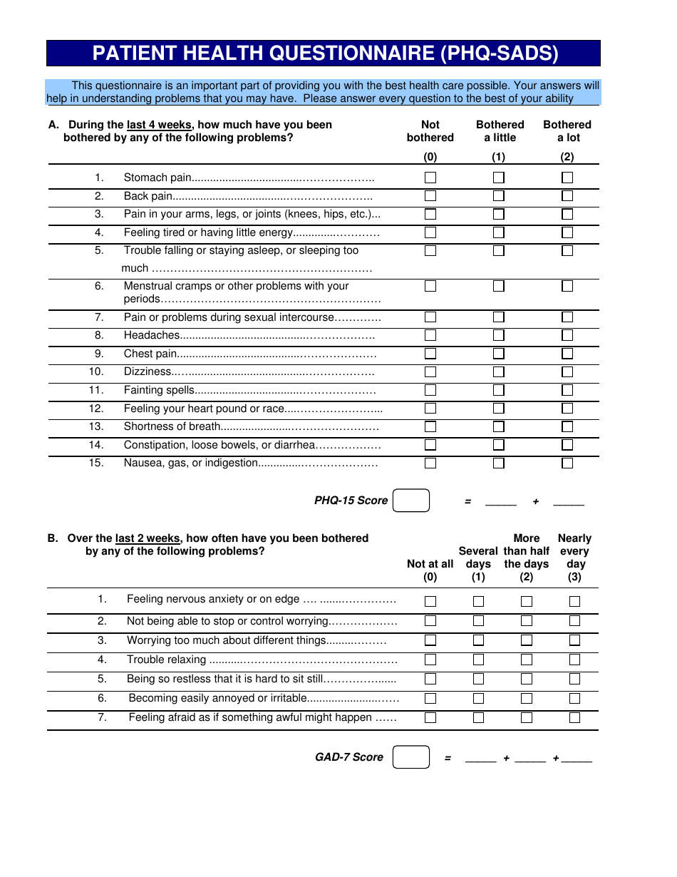 Patient Health Questionnaire Phq Sads Fill Out Sign Online And