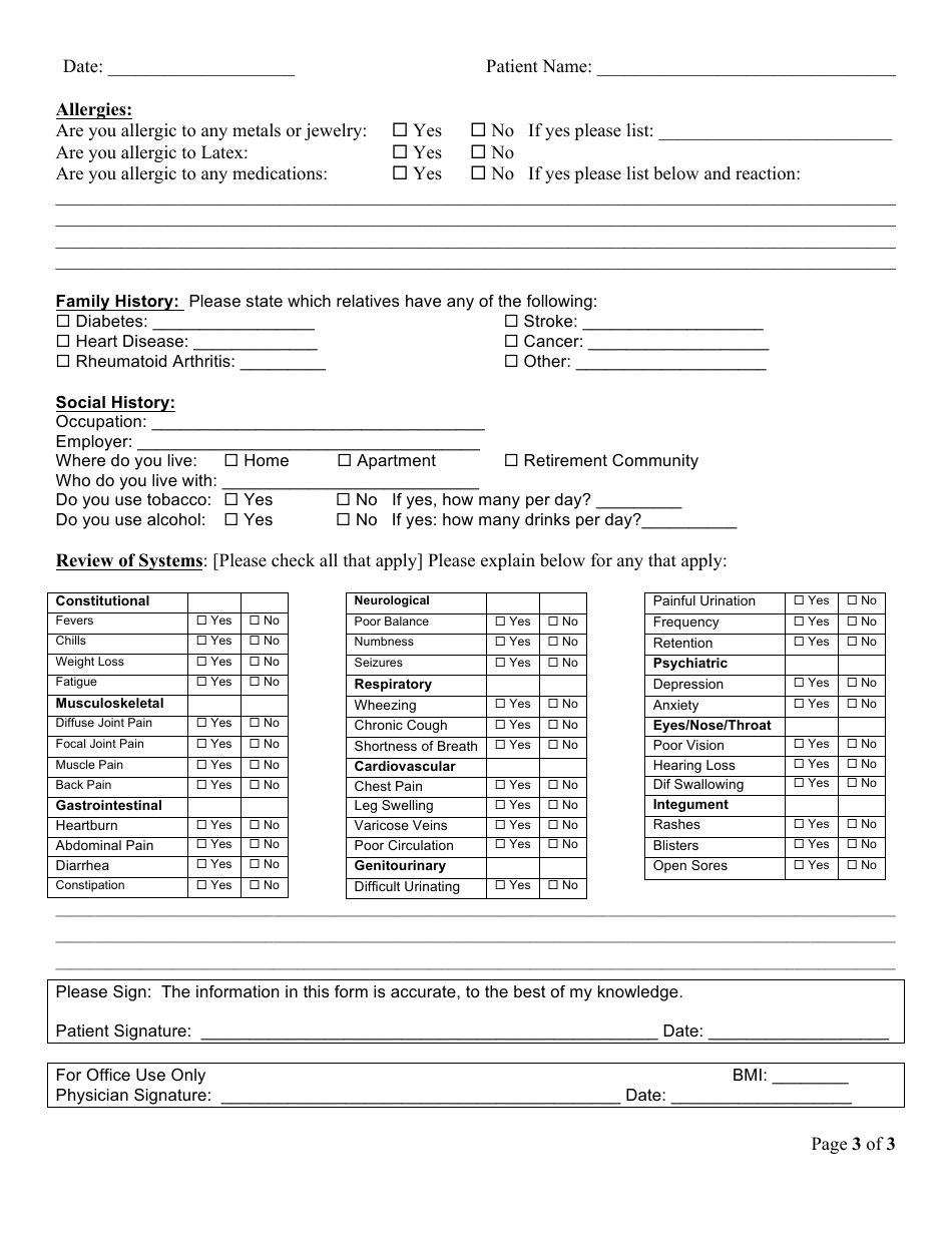 New Orthopedic Patient Medical History Form The Institute For