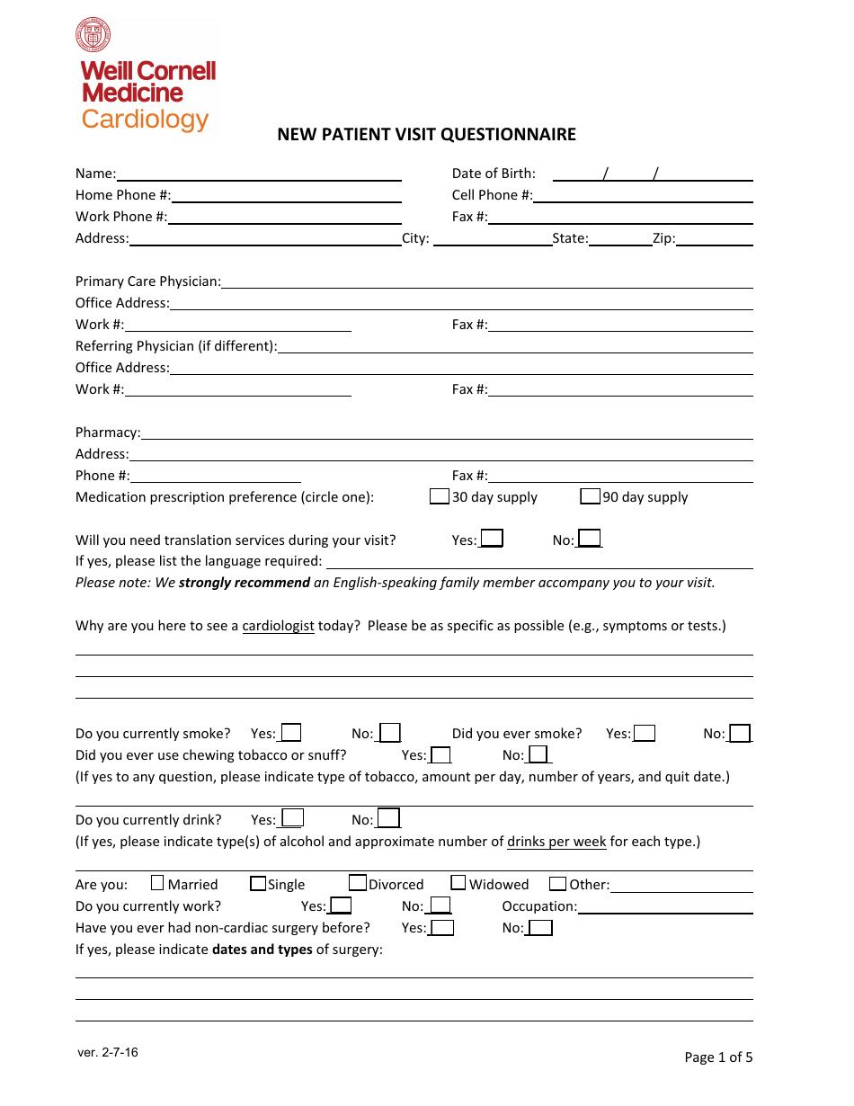 New Patient Visit Questionnaire Cardiology Weill Cornell Medicine