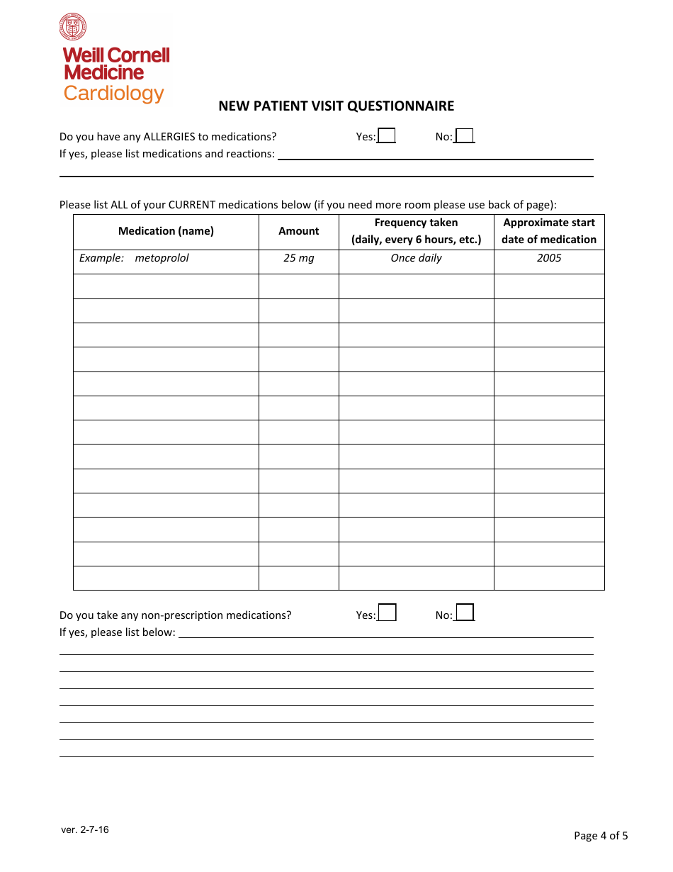 New Patient Visit Questionnaire Cardiology Weill Cornell Medicine