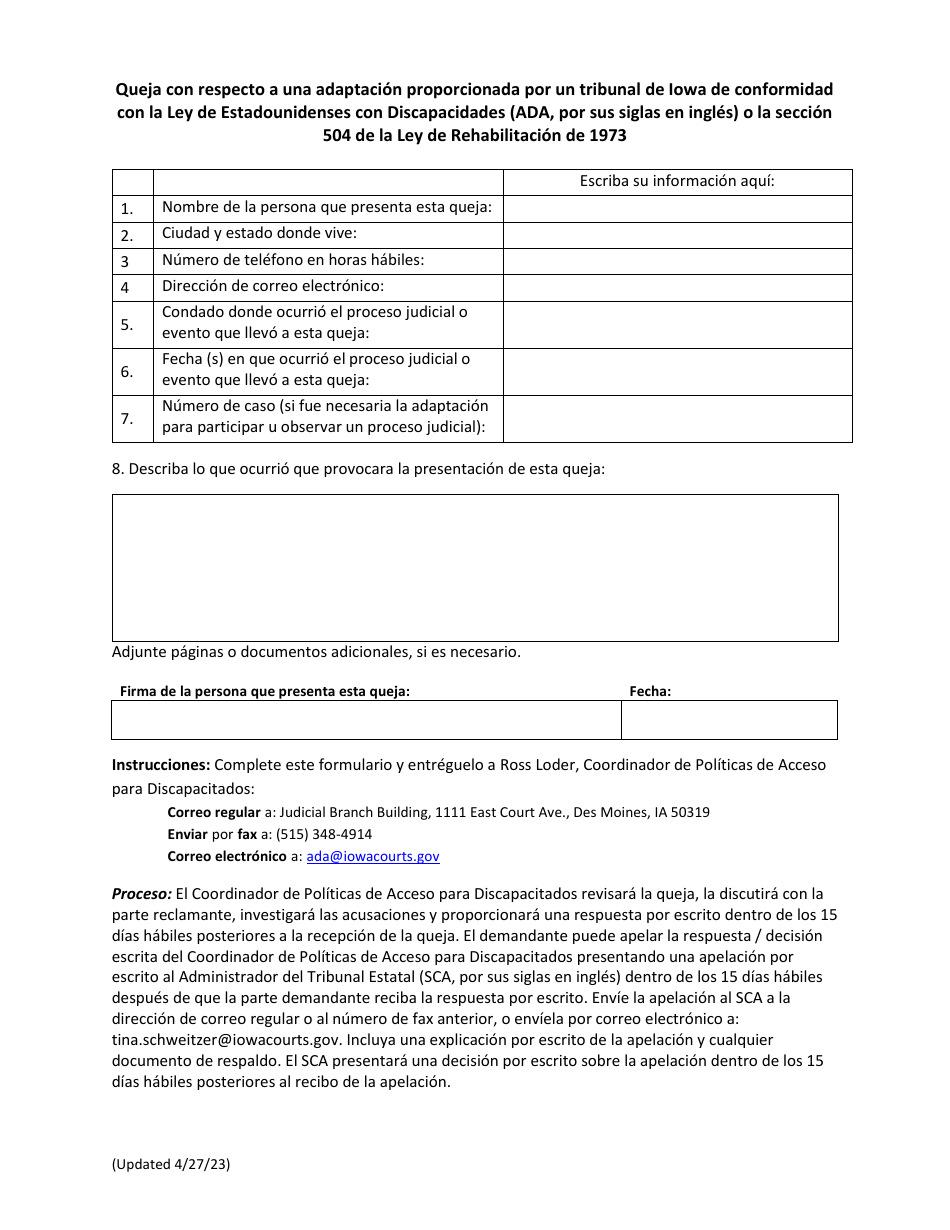 Iowa Queja Con Respecto A Una Adaptacion Proporcionada Por Un Tribunal