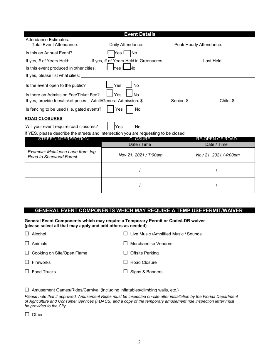 City Of Greenacres Florida Application For Temporary Use Permit Fill