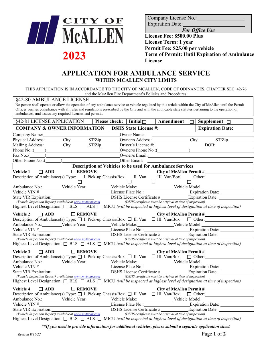 2023 City Of McAllen Texas Application For Ambulance Service Within