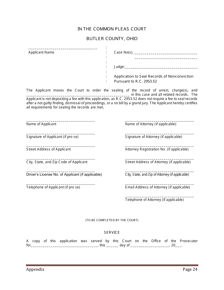 Butler County Ohio Application To Seal Record Fill Out Sign Online