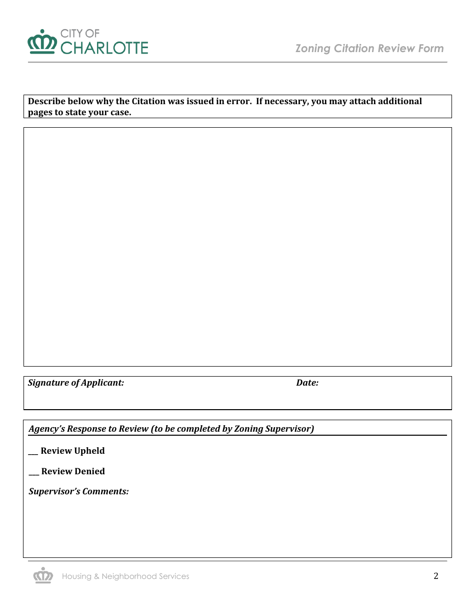 City Of Charlotte North Carolina Zoning Citation Review Form Fill