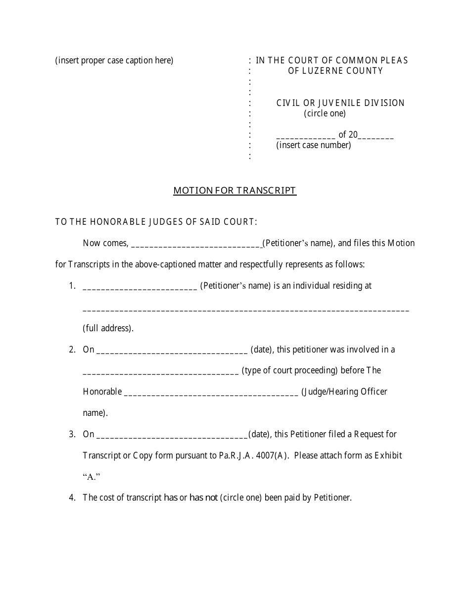 Luzerne County Pennsylvania Motion For Transcript And Proposed Order