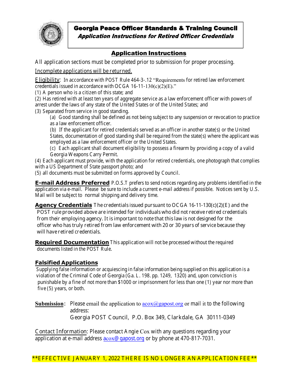 Georgia United States Application For Retired Officer Credentials