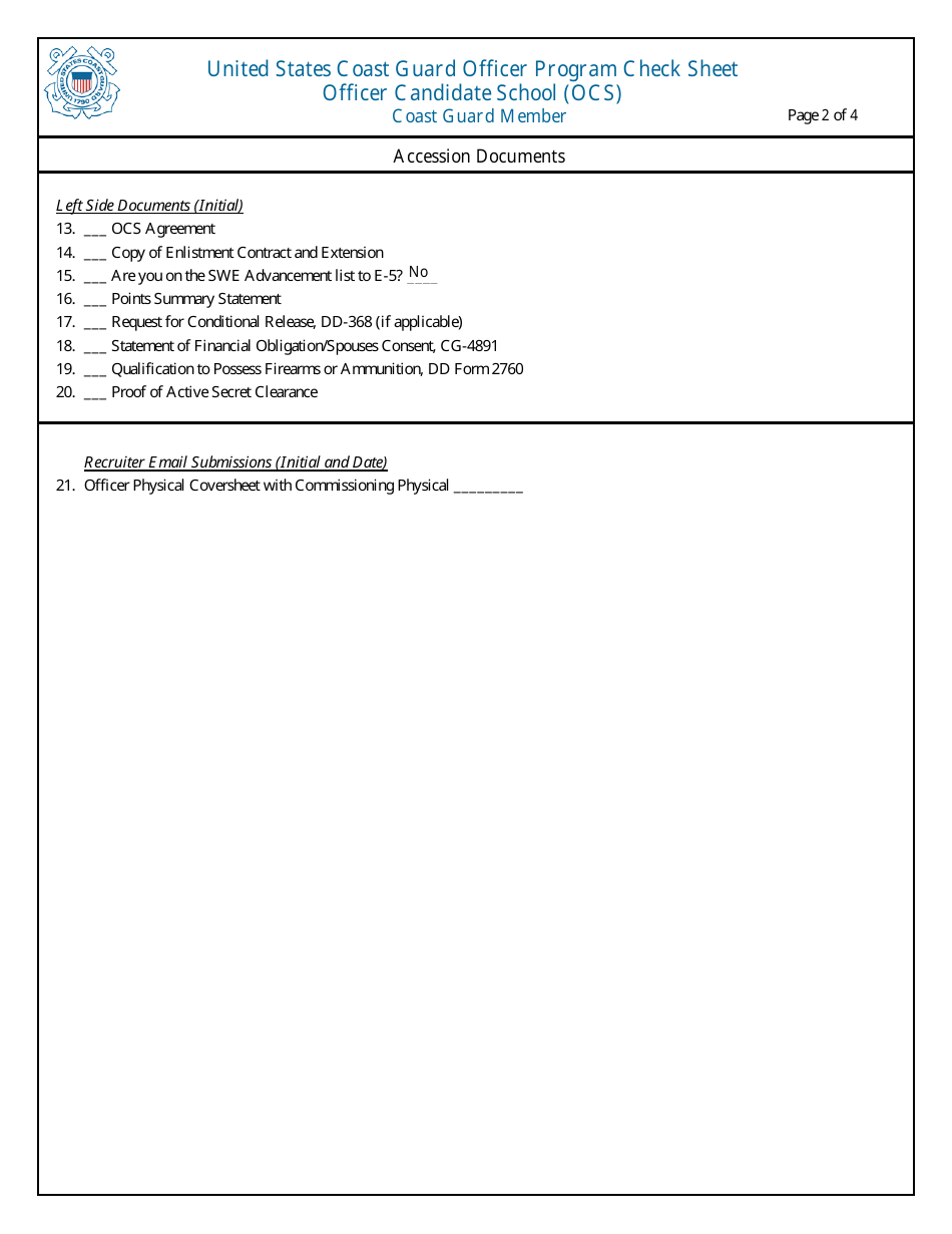 United States Coast Guard Officer Program Check Sheet Fill Out Sign