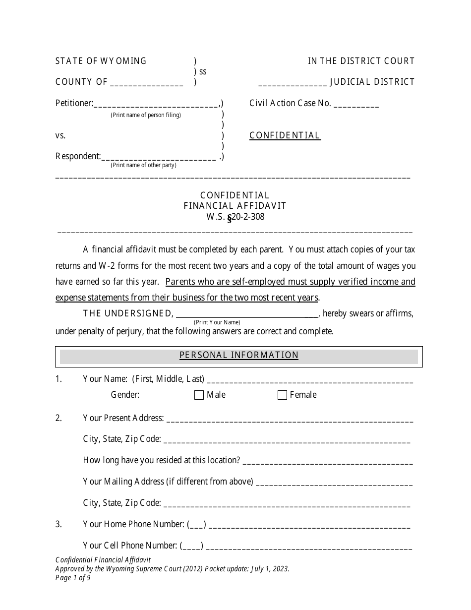 Wyoming Confidential Financial Affidavit Fill Out Sign Online And