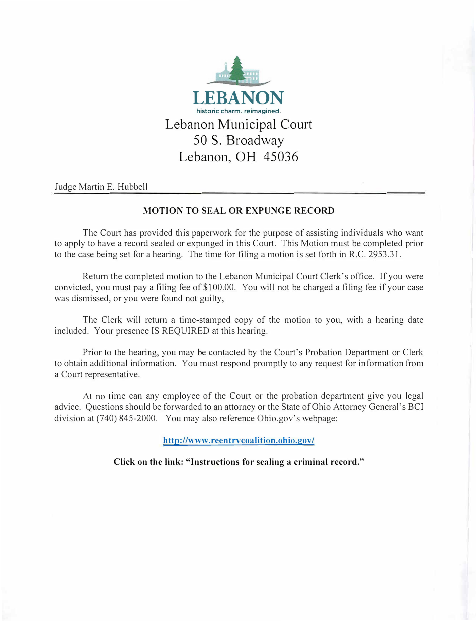 City Of Lebanon Ohio Motion To Seal Or Expunge Record Fill Out Sign