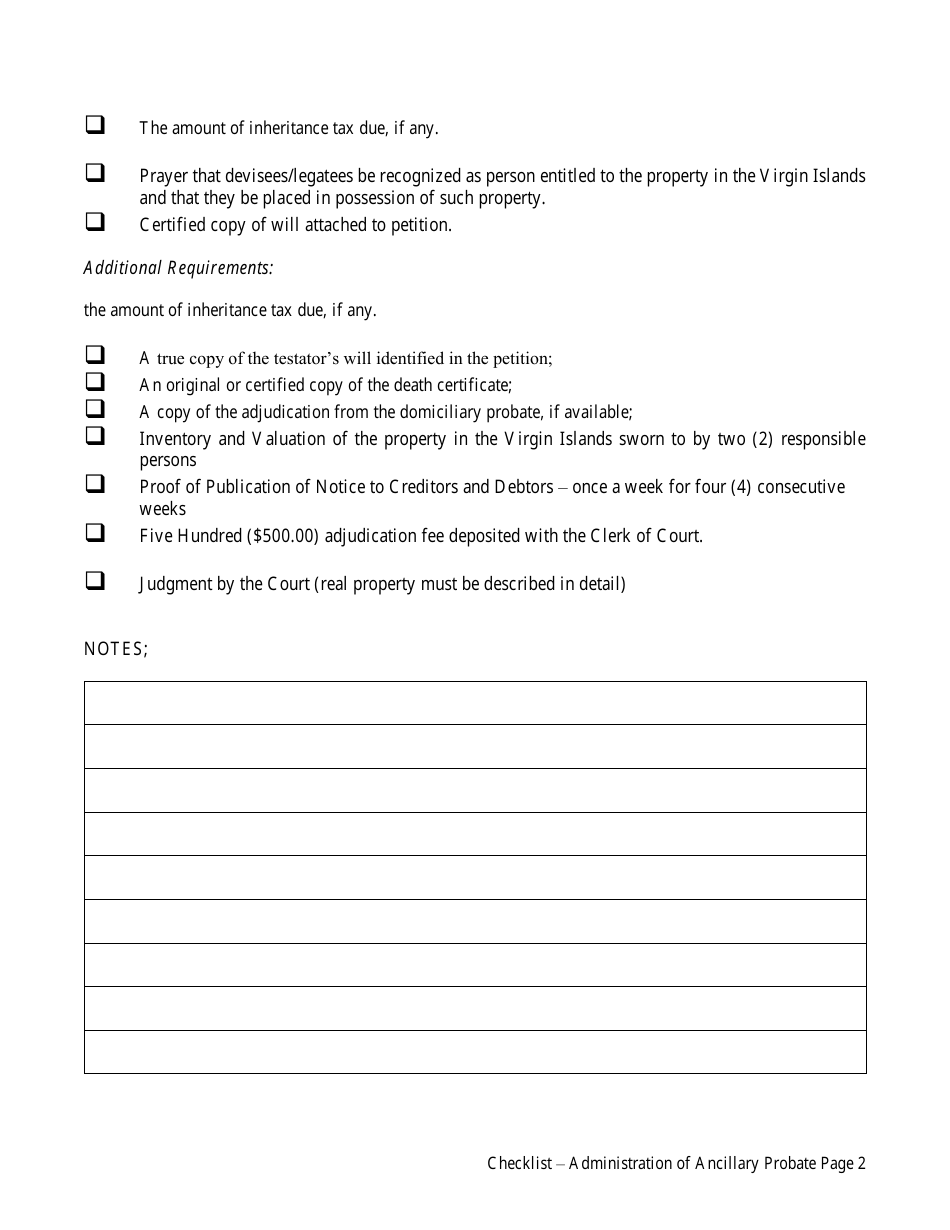 Virgin Islands Administration Of Ancillary Estate Checklist Fill Out