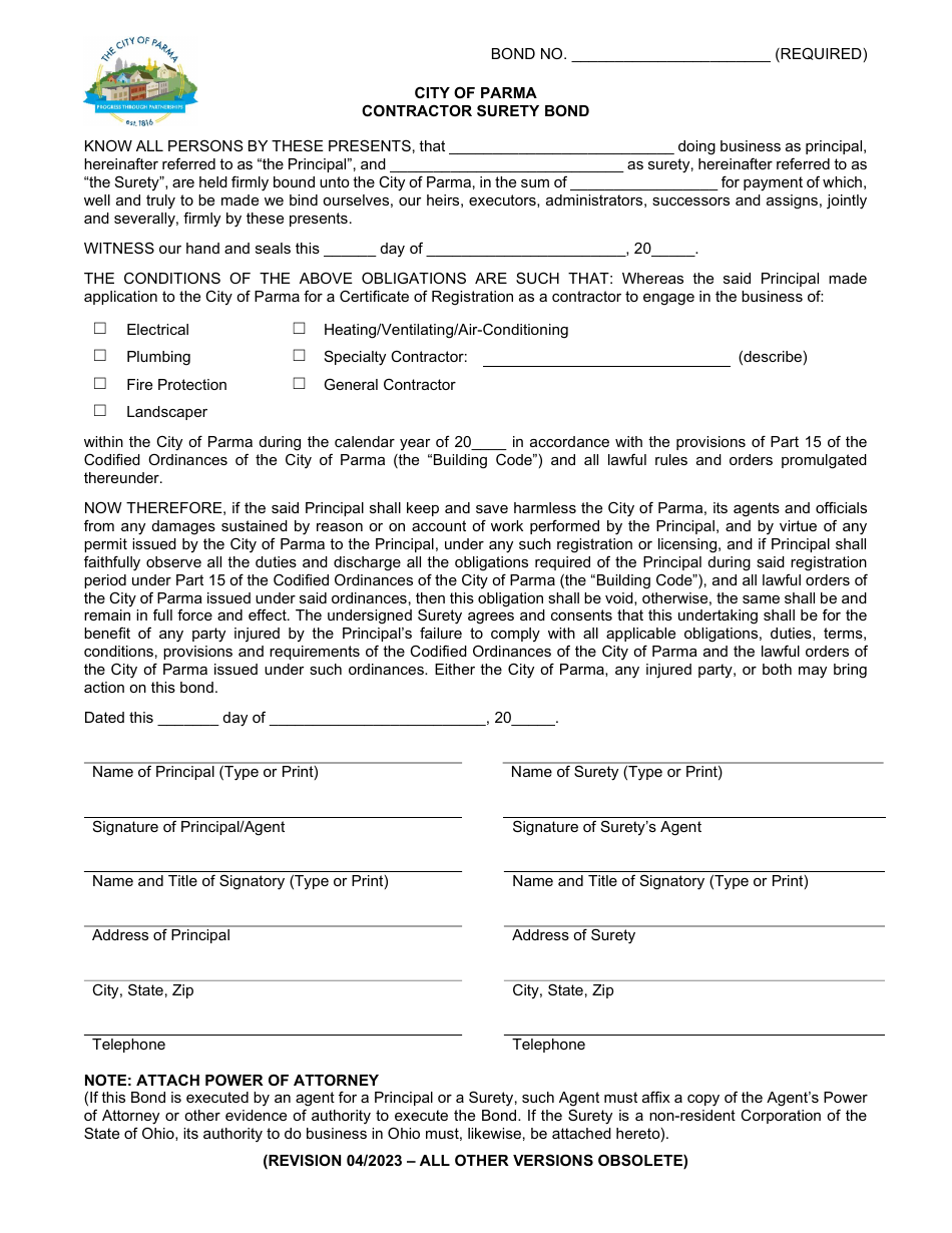 City Of Parma Ohio Contractor Surety Bond Fill Out Sign Online And