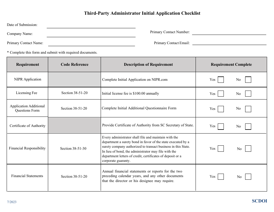 South Carolina Third Party Administrator Initial Application Checklist