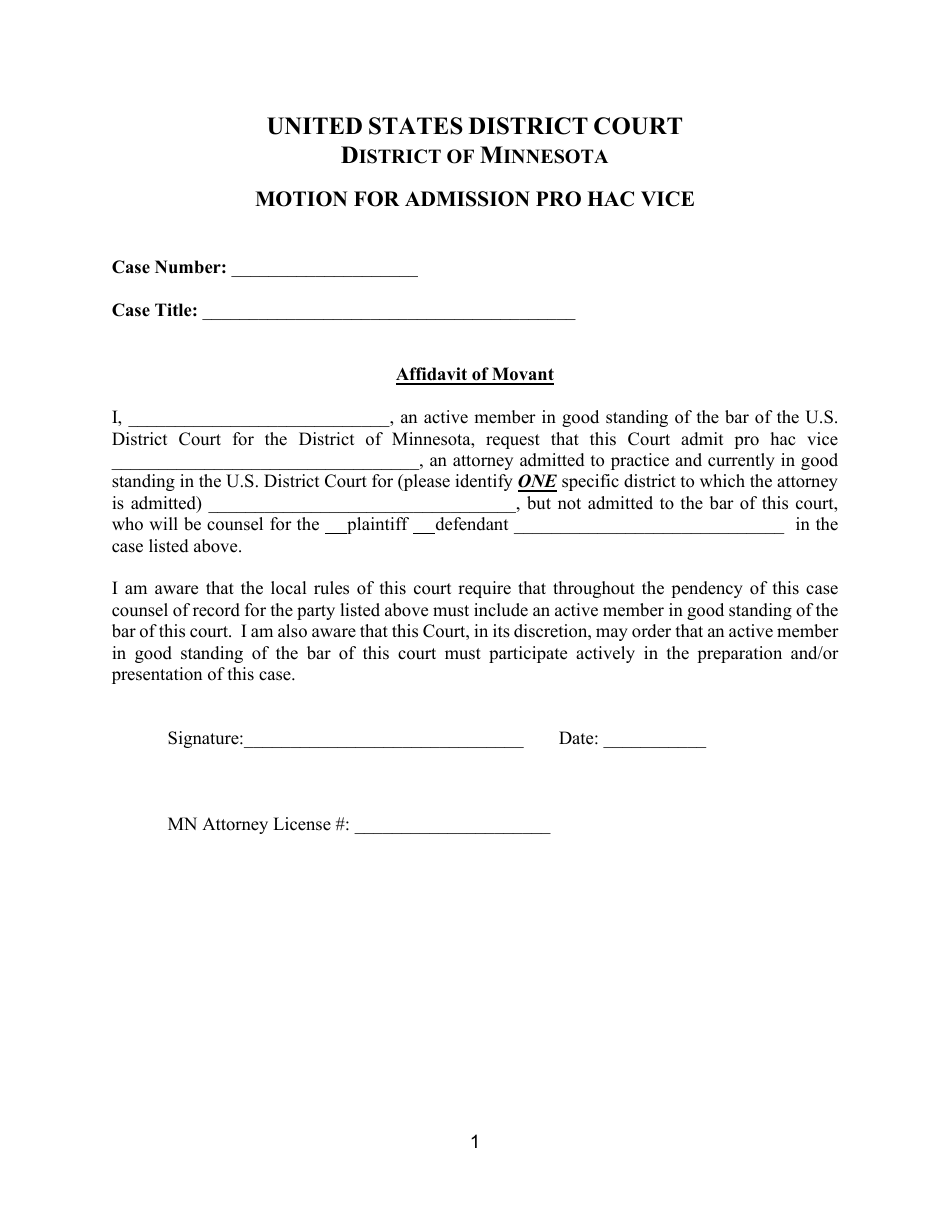 Minnesota Motion For Admission Pro Hac Vice Fill Out Sign Online And