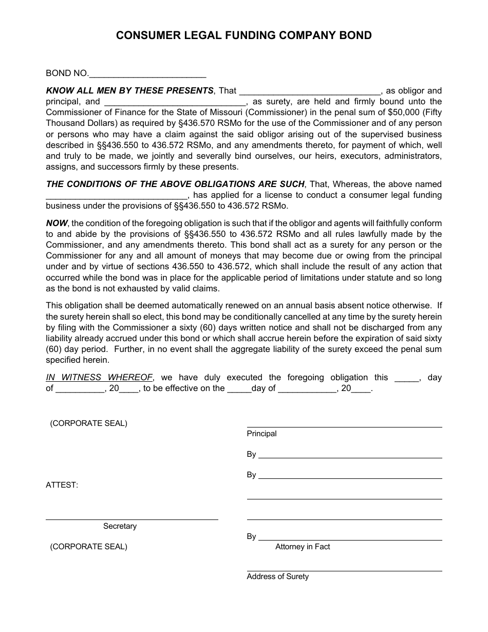 Missouri Consumer Legal Funding Company Bond Fill Out Sign Online