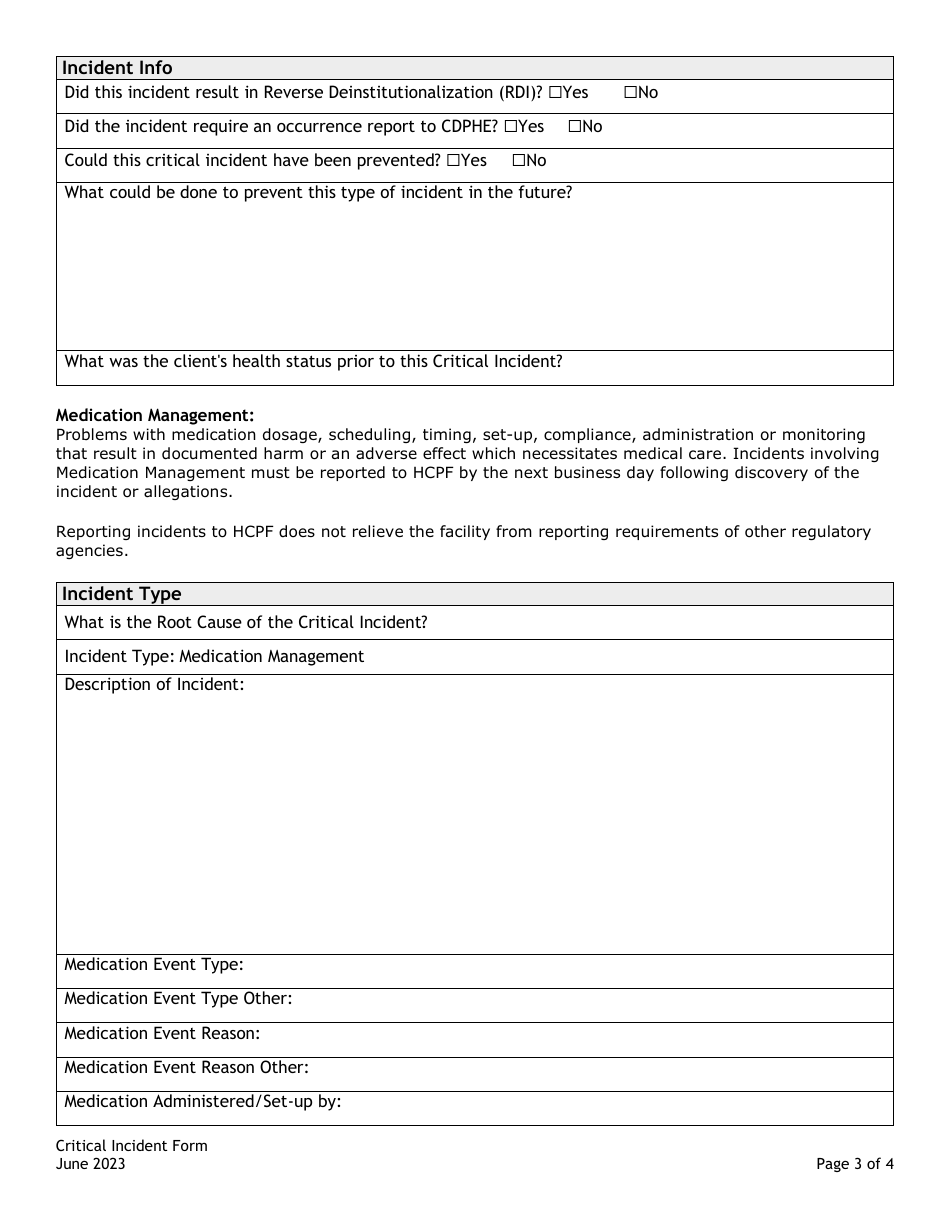 Colorado Critical Incident Form Medication Management Fill Out