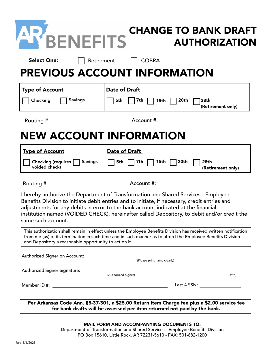 Arkansas Change To Bank Draft Authorization Fill Out Sign Online And