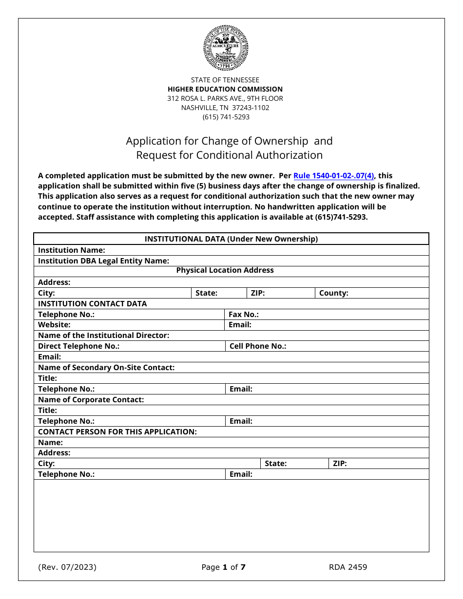 Tennessee Application For Change Of Ownership And Request For