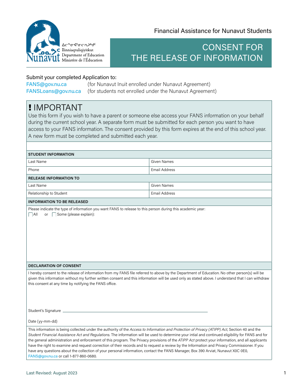 Nunavut Canada Consent For The Release Of Information Fill Out Sign