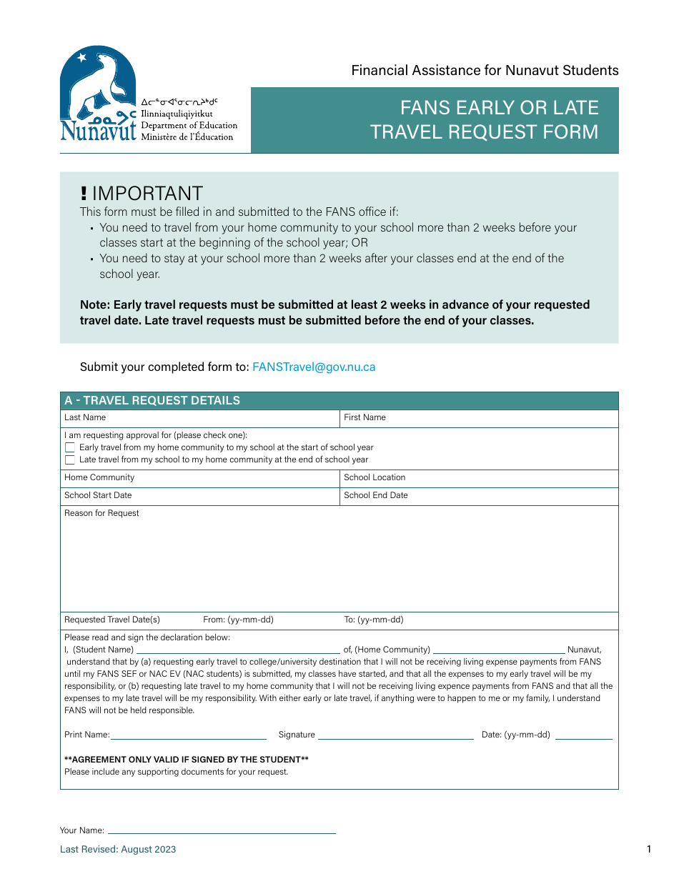 Nunavut Canada Fans Early Or Late Travel Request Form Fill Out Sign