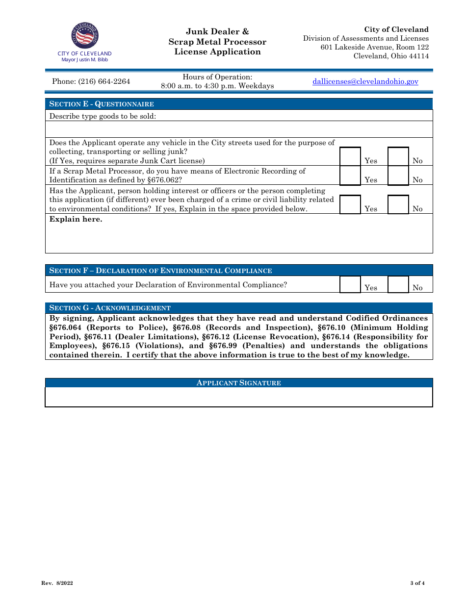 City Of Cleveland Ohio Junk Dealer Scrap Metal Processor License