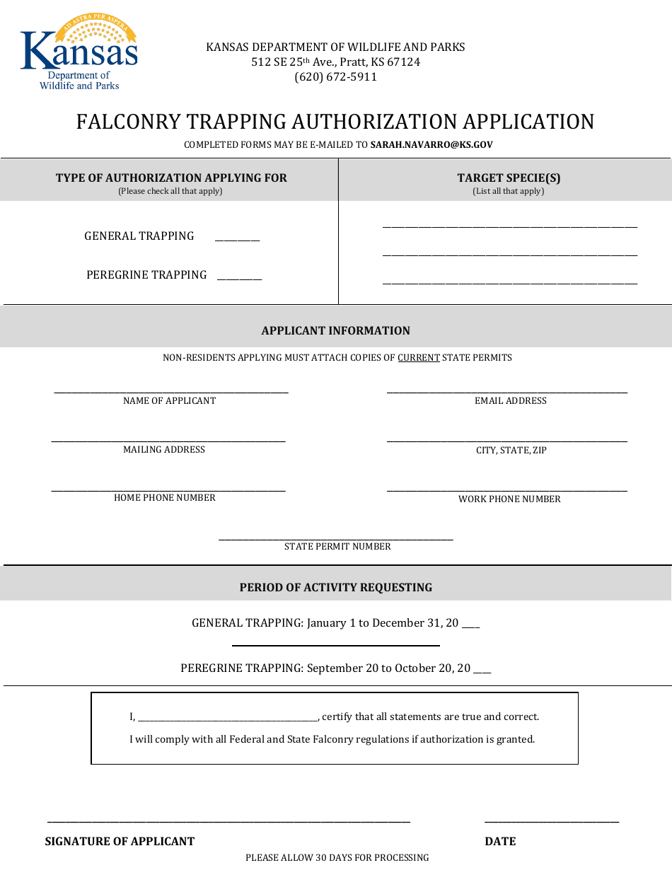 Kansas Falconry Trapping Authorization Application Fill Out Sign