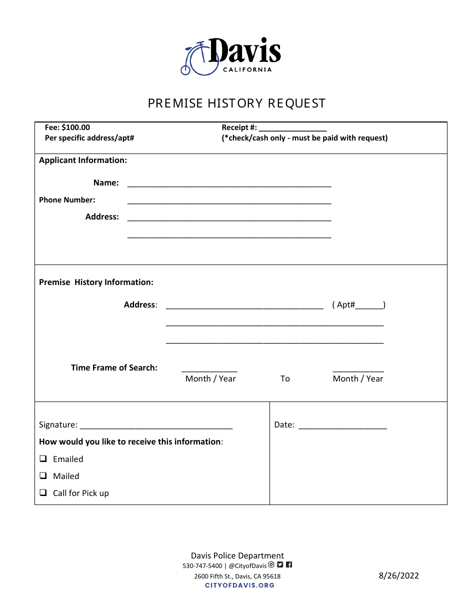 City Of Davis California Premise History Request Fill Out Sign