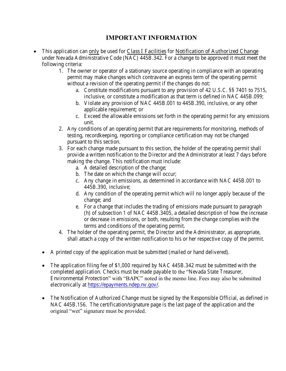 Nevada Class I Air Quality Operating Permit Notification Of Authorized