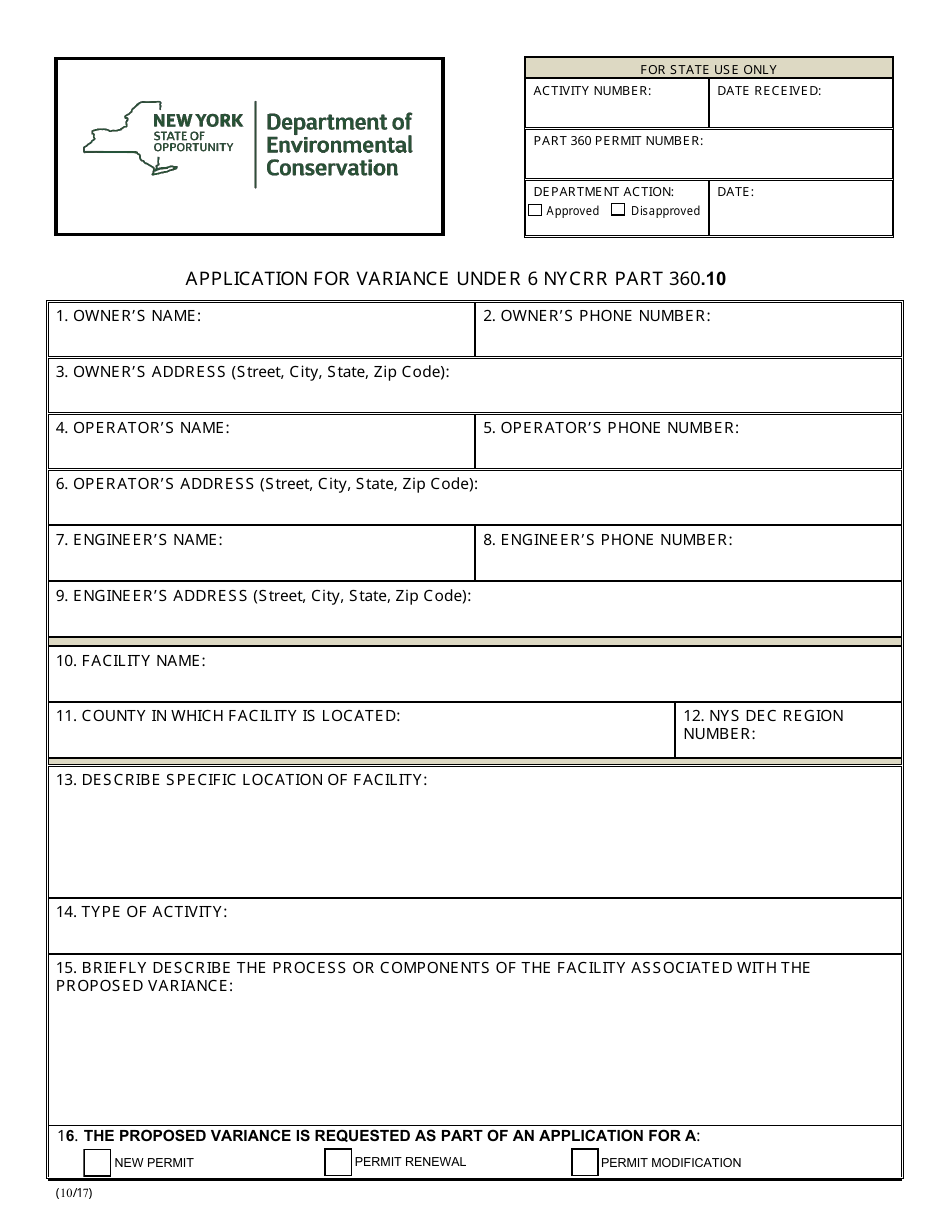 New York Application For Variance Under Nycrr Part Fill Out