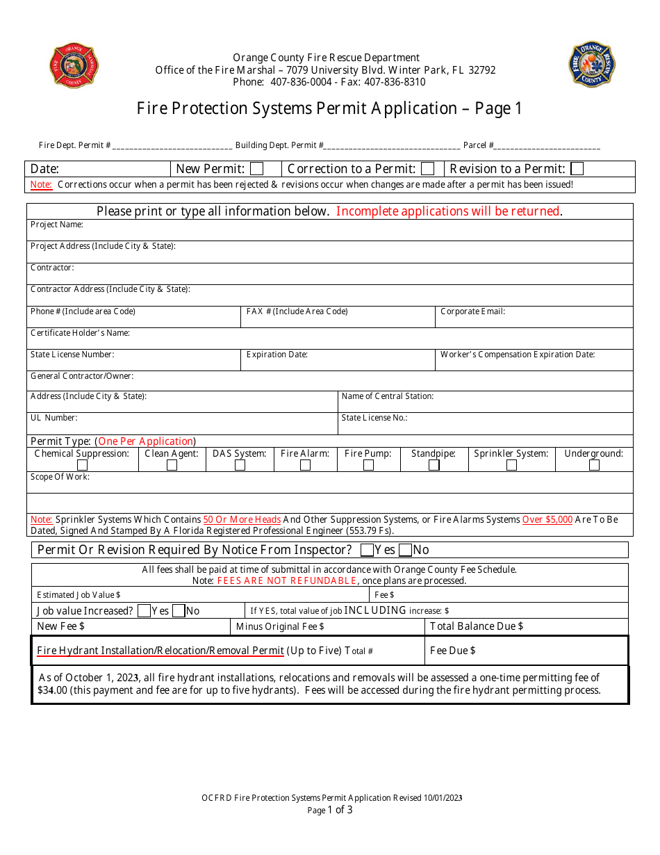 Orange County Florida Fire Protection Systems Permit Application