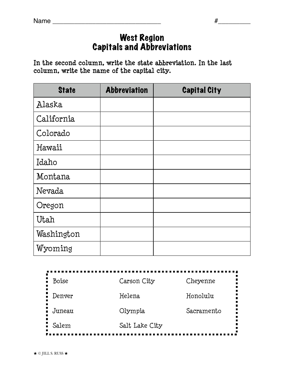 West Region Capitals And Abbreviations Worksheet Jill S Russ