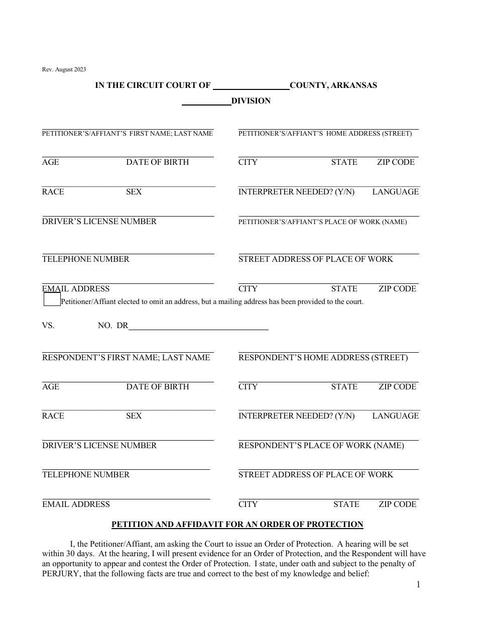 Arkansas Petition And Affidavit For An Order Of Protection Fill Out