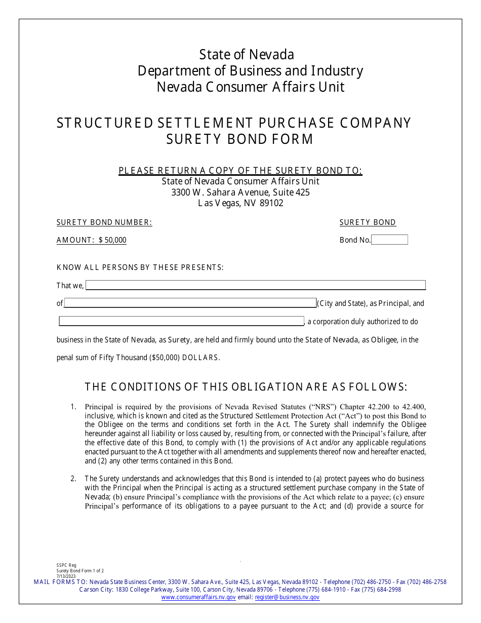 Nevada Structured Settlement Purchase Company Surety Bond Form Fill