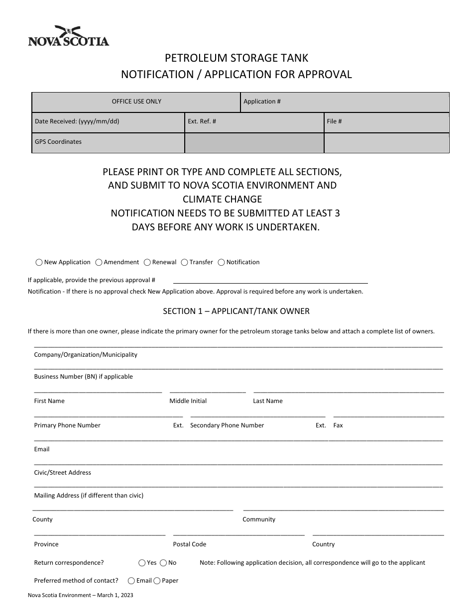 Nova Scotia Canada Petroleum Storage Tank Notification Application For