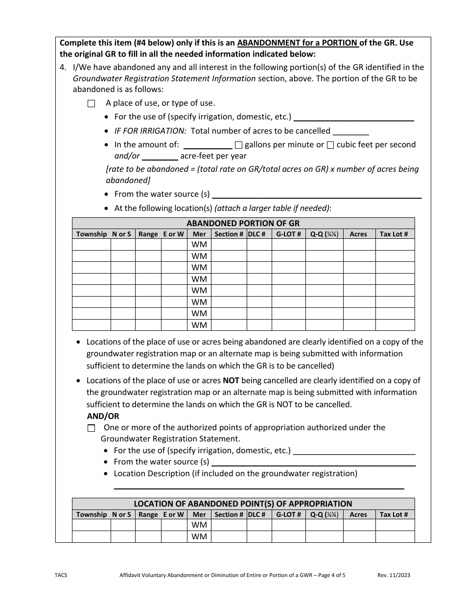 Oregon Affidavit Of Voluntary Abandonment Or Diminution Entire Or