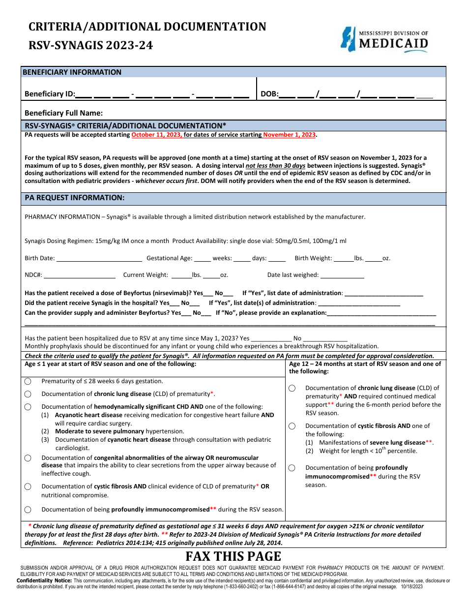 2024 Mississippi Prior Authorization Packet Synagis Fill Out Sign