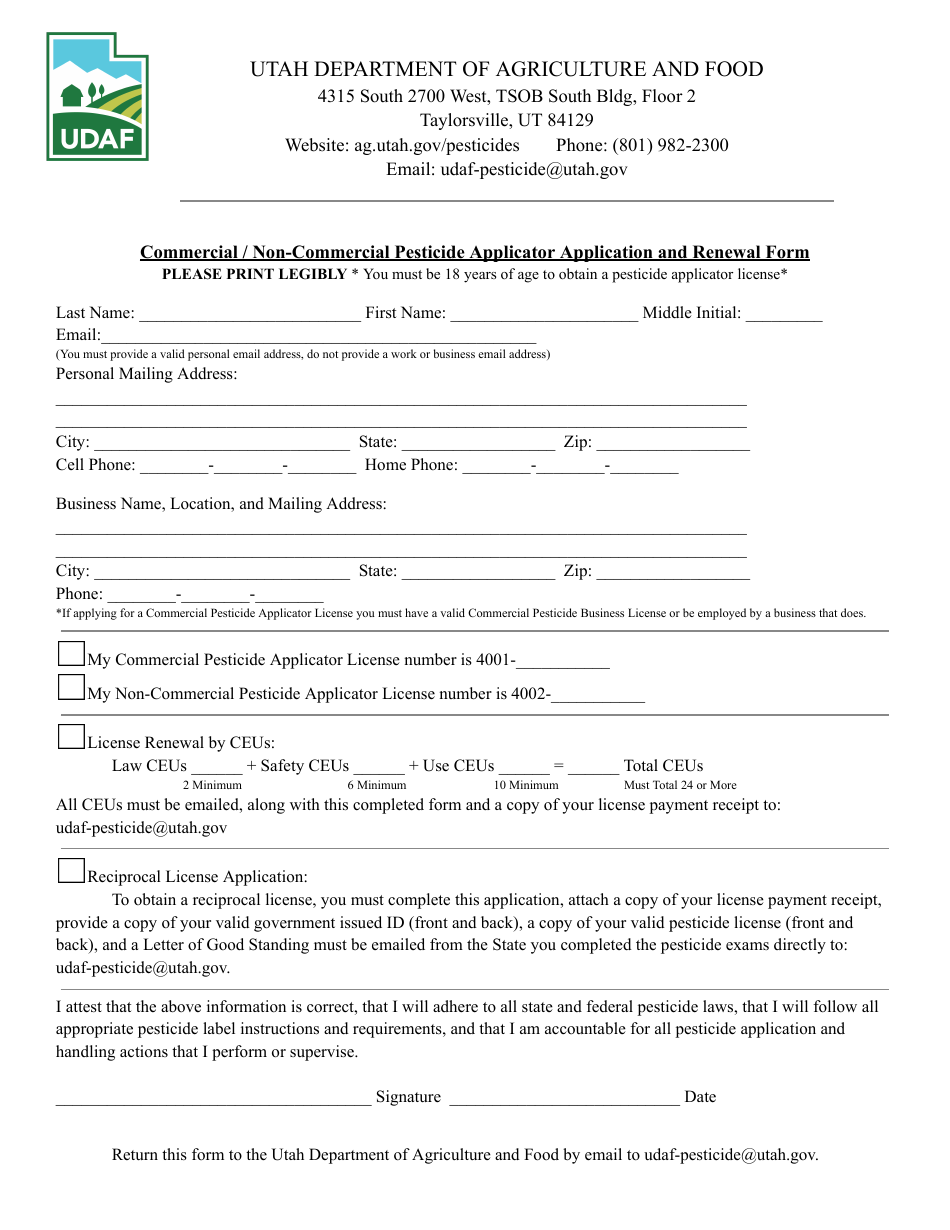 Utah Commercial Non Commercial Pesticide Applicator Application And