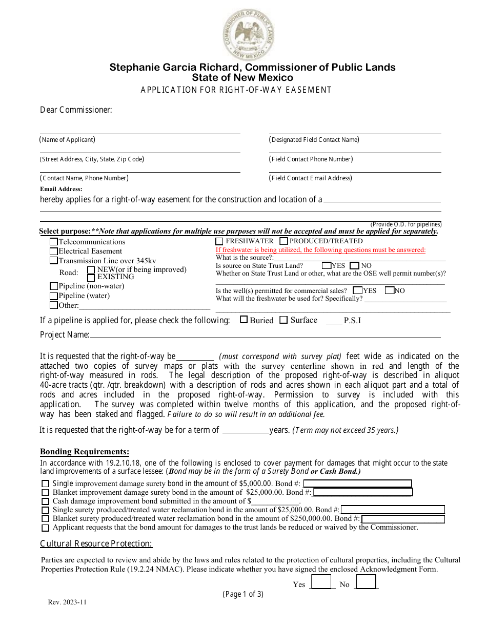 New Mexico Application For Right Of Way Easement Fill Out Sign