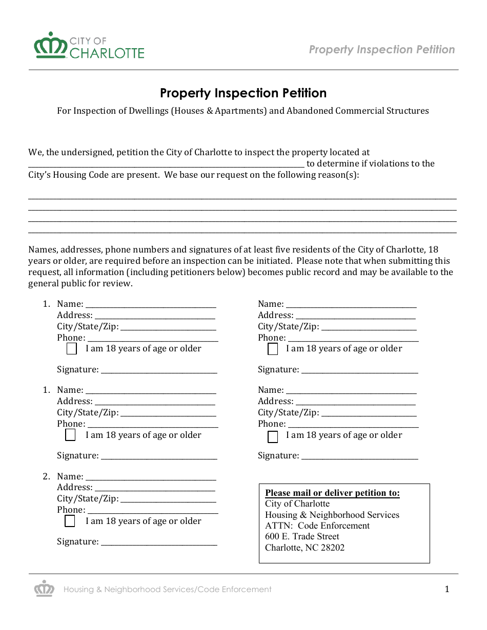 City Of Charlotte North Carolina Property Inspection Petition Fill