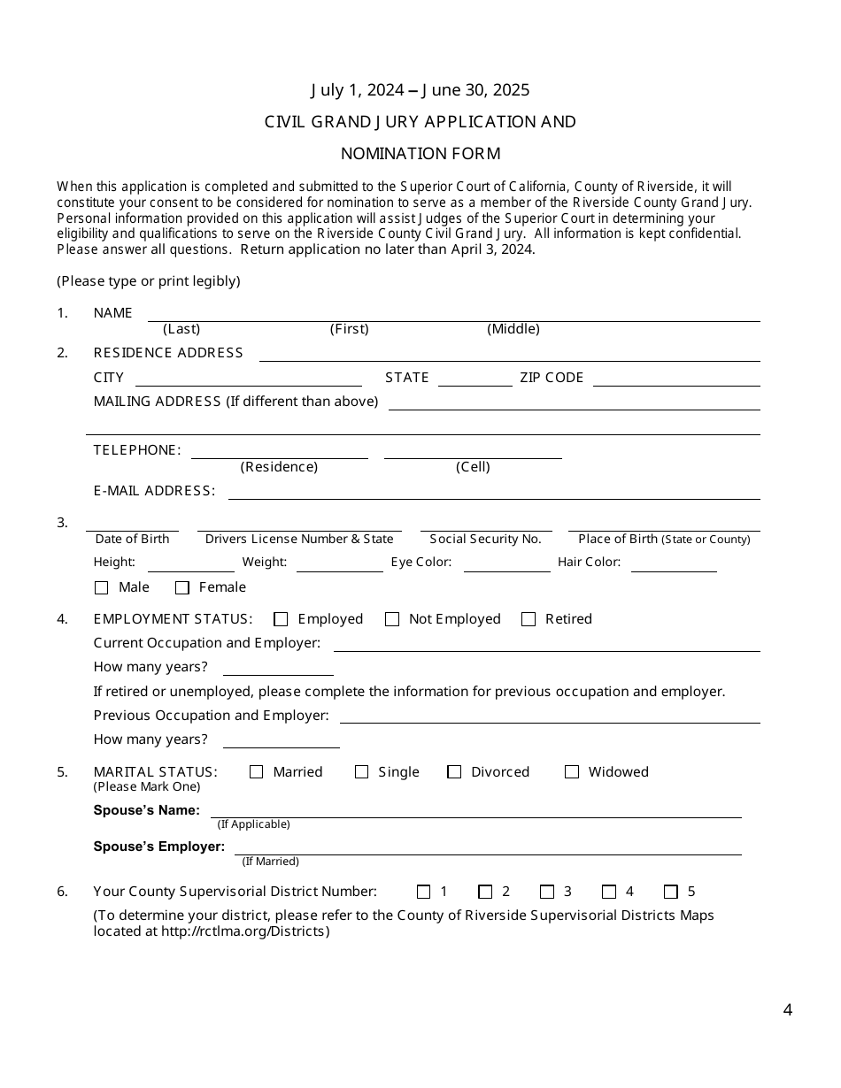 2025 County Of Riverside California Civil Grand Jury Application And