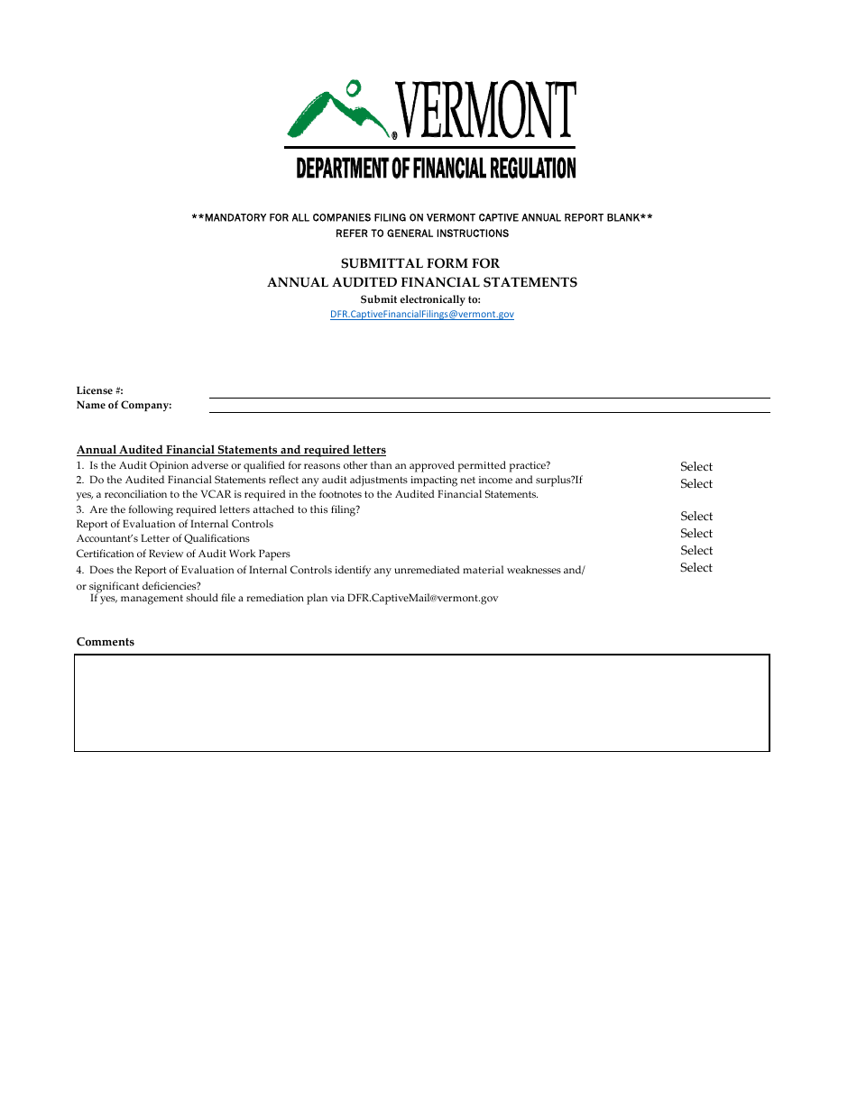 Vermont Submittal Form For Annual Audited Financial Statements Fill