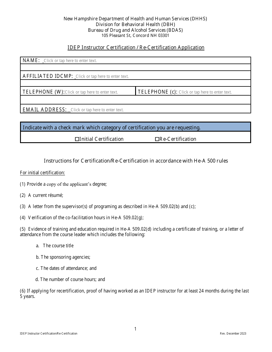 New Hampshire Idep Instructor Certification Re Certification