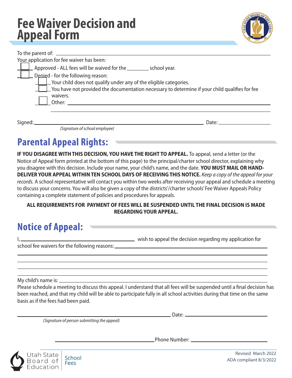 Utah Fee Waiver Decision And Appeal Form Fill Out Sign Online And