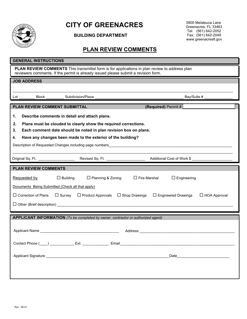 City Of Greenacres Florida Plan Review Comments Fill Out Sign