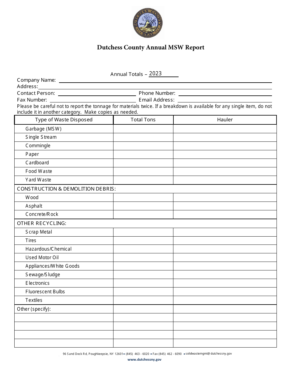 Dutchess County New York Annual Recycling Report Form Business