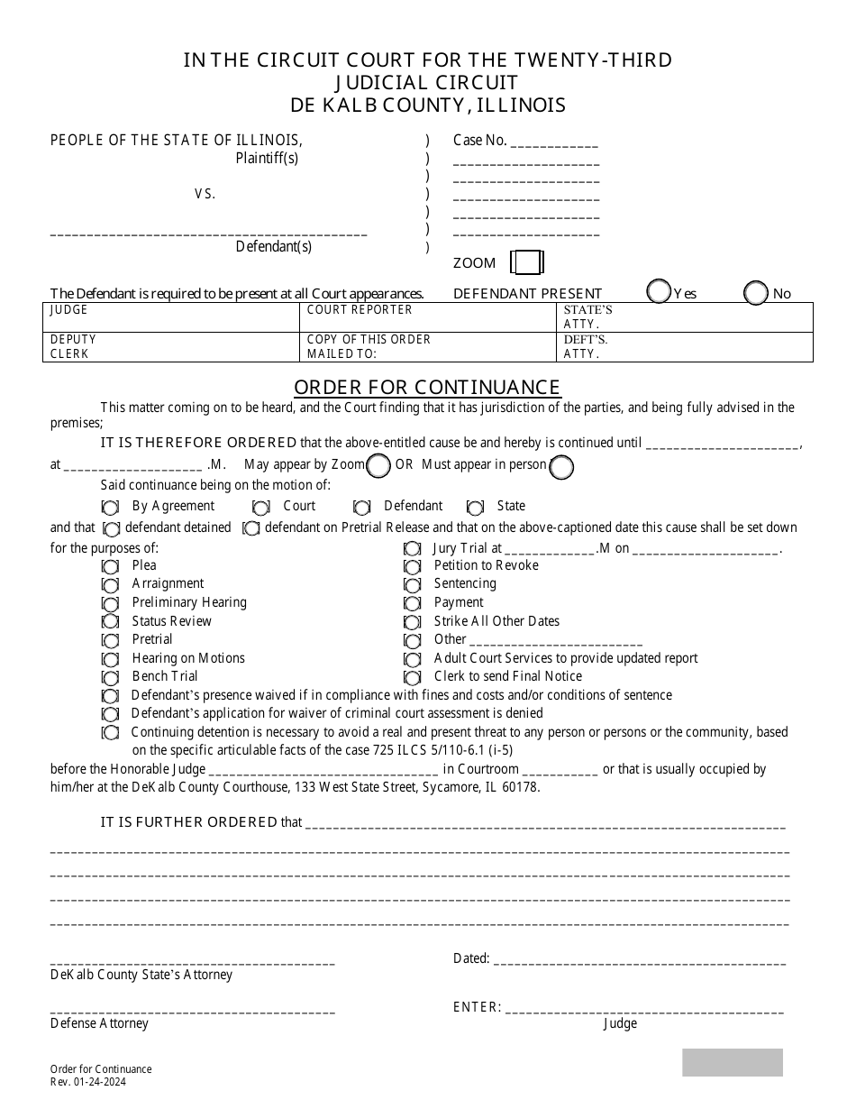 Dekalb County Illinois Order For Continuance Fill Out Sign Online