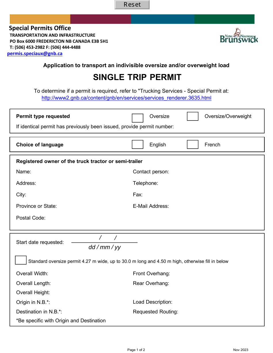 New Brunswick Canada Application To Transport An Indivisible Oversize