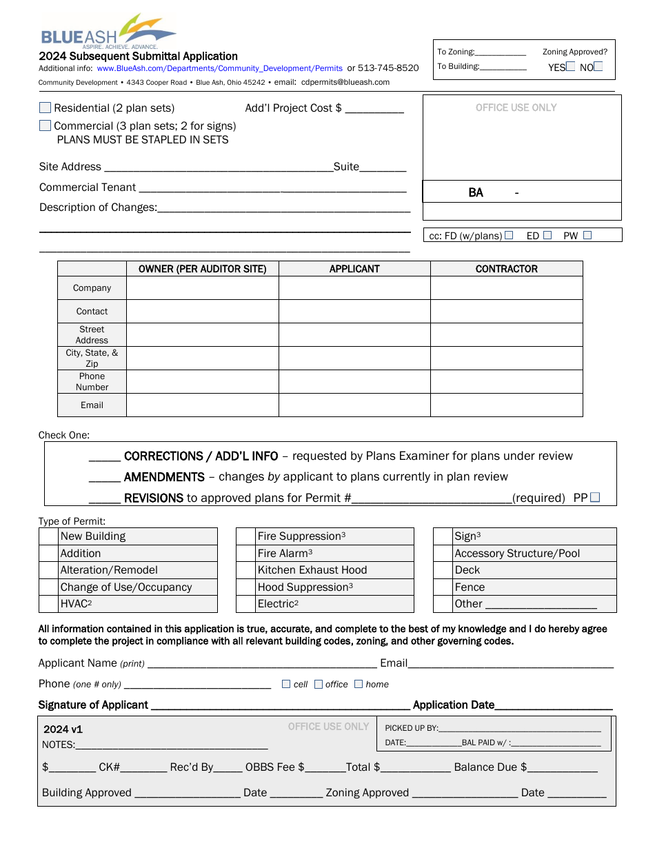 City Of Blue Ash Ohio Subsequent Submittal Application Fill Out